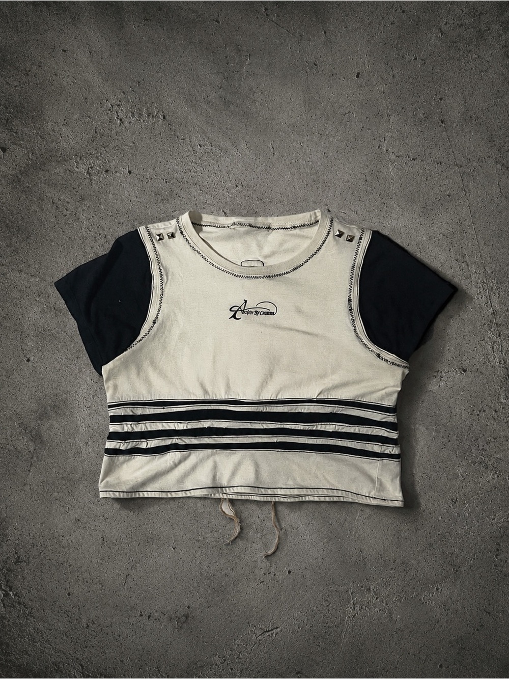Handmade ABO Studded Striped Cropped Tee With Fringes